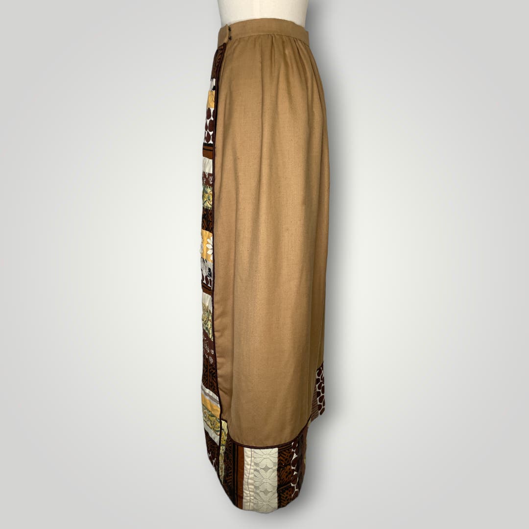 Vintage 1970s Handmade Maxi Skirt Quilted Quilt Tan Yellows Scandinavian 2 S E7