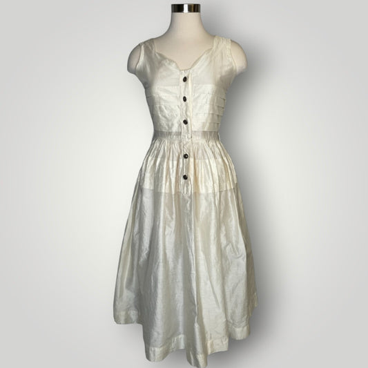 Vintage 1950s Dress Button Front Ivory Shirt Dress Tailored Juniors Sheer Midi S F