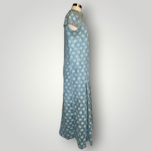 Vintage 1960s Handmade Dress Sheer Netting Embroidery Maxi Powder Blue Med F