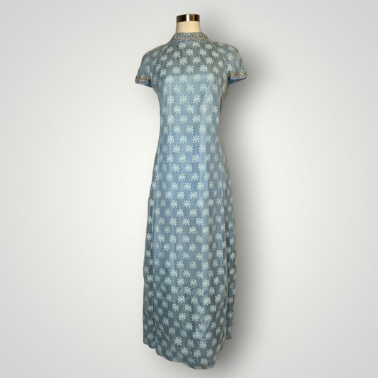 Vintage 1960s Handmade Dress Sheer Netting Embroidery Maxi Powder Blue Med F