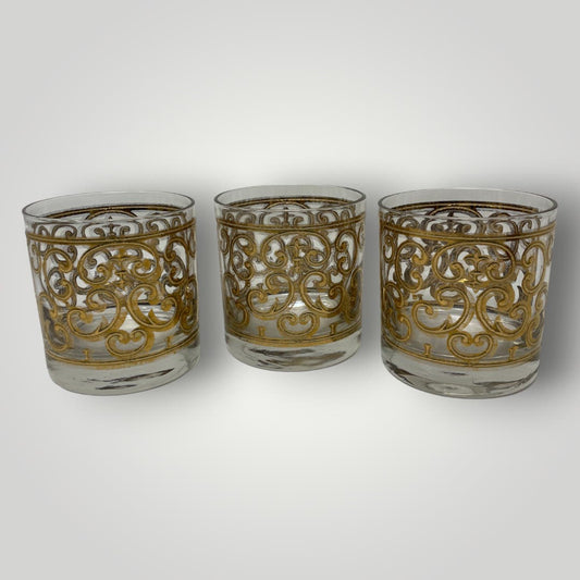 MCM Whiskey Glasses 50s Georges Briard Signed 22k Gold Spanish Scroll Glasses