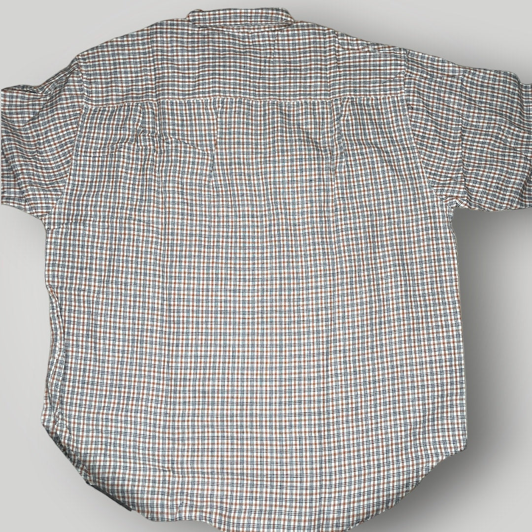 Vintage Top Eddie Bauer Linen Cotton Plaid Button Down Shirt Orange Gray H