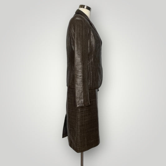 Max Mara Brown Woven Leather Skirt Suit Set Blazer Couture I