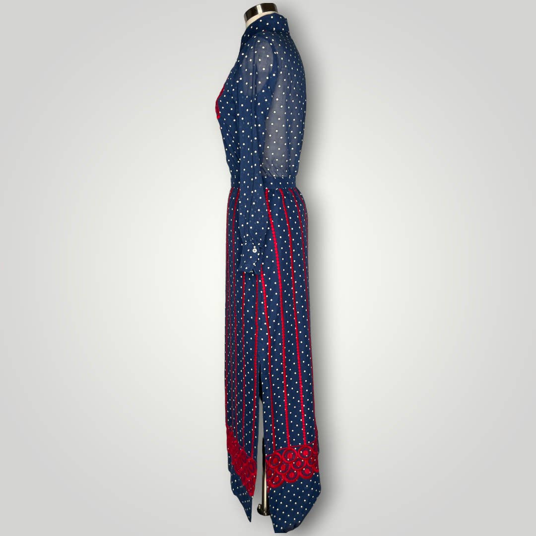 Vintage Susan Thomas Skirt Set Red Blue Polka Dot Embroidery Mod Women's Sm E