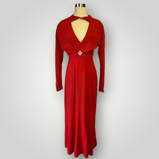 Vintage Dress Red Crepe 1930s Shrug Jacket Maxi Dress V Neck Rhinestone Slvlss S I