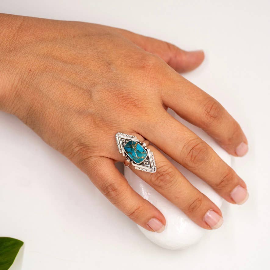 Sterling Silver Copper Turquoise Decorated Point Ring - MST GoodsBaizaar