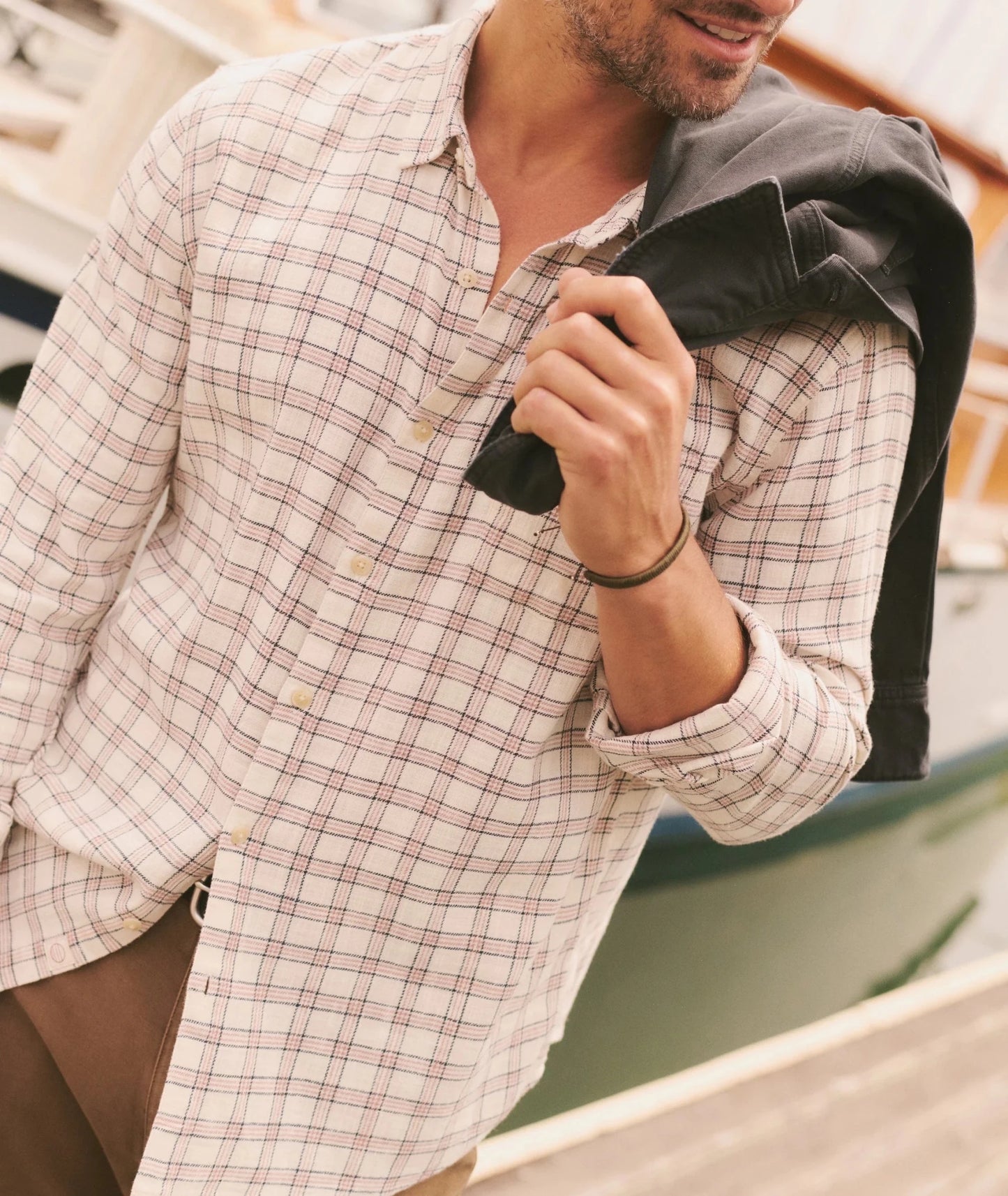 Stretch Selvedge Long Sleeve Shirt in White/Navy Check - MST GoodsMarine Layer