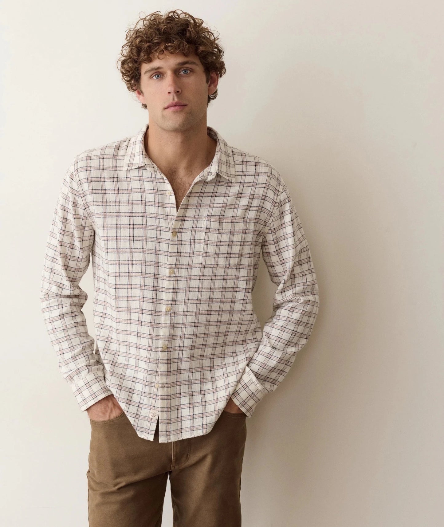 Stretch Selvedge Long Sleeve Shirt in White/Navy Check - MST GoodsMarine Layer