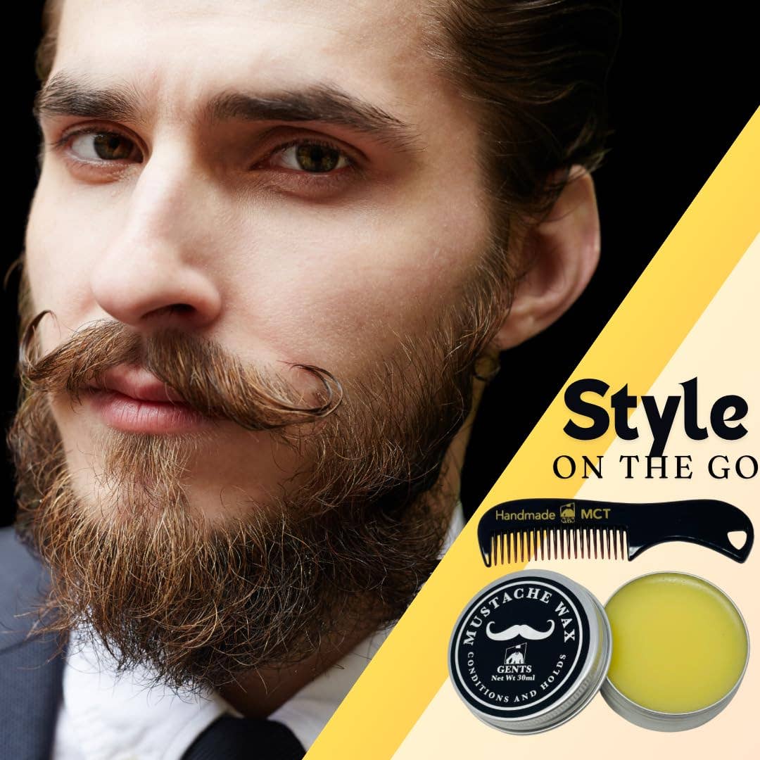 Man with a well-groomed beard and mustache, with grooming products on a yellow and black background.