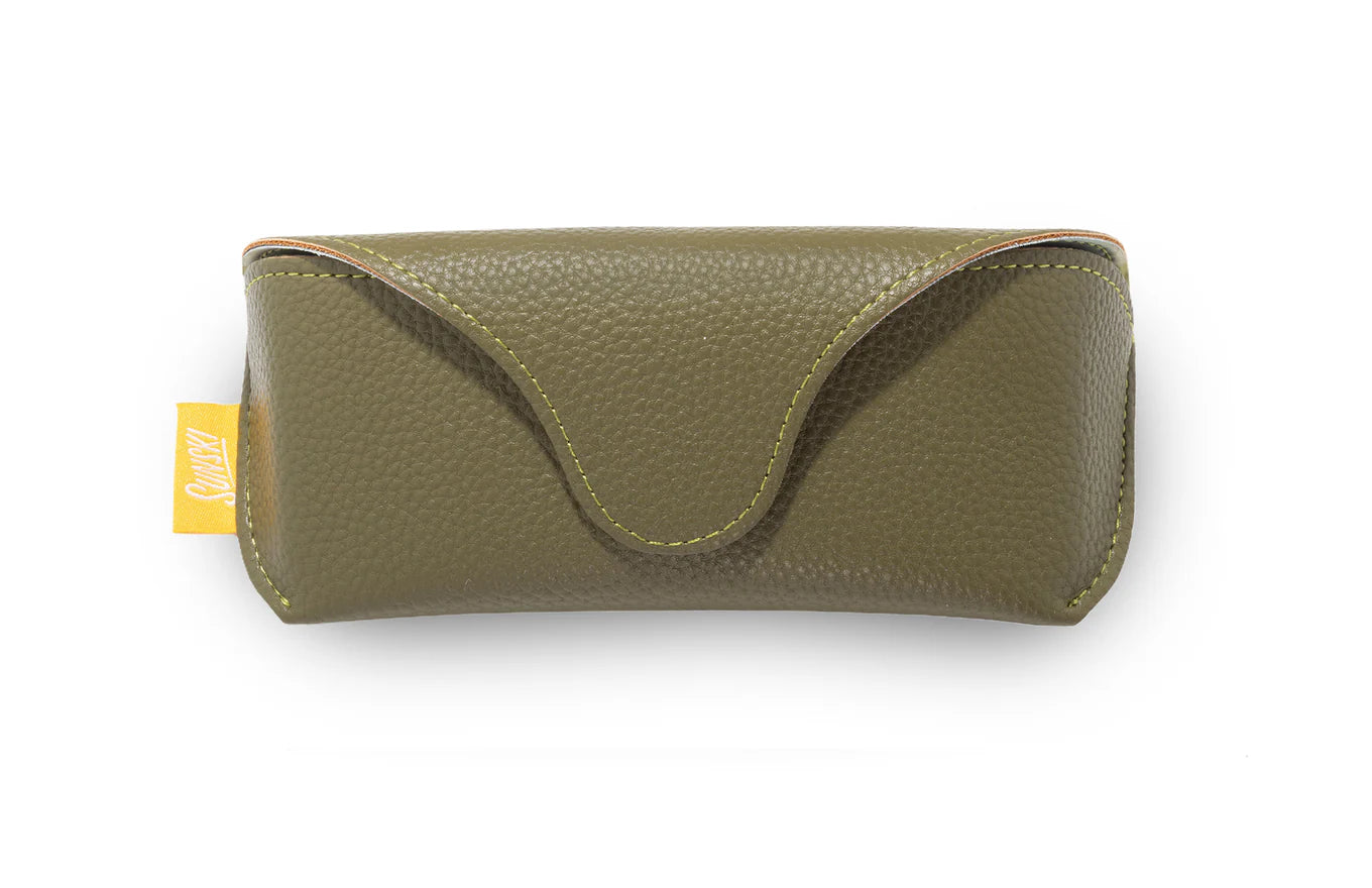 olive colored sunglasses hard case by sunski brand with pebble pattern