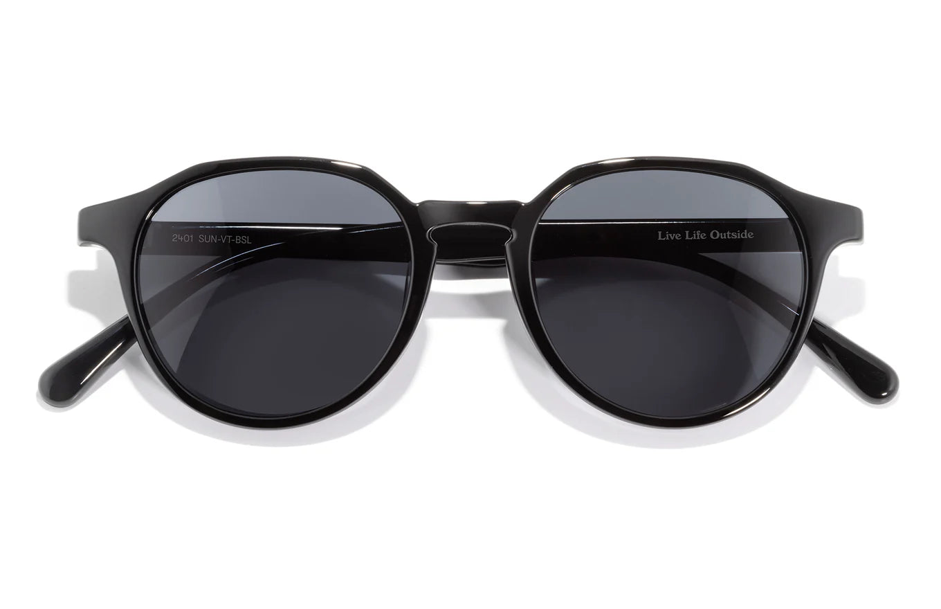Black sunglasses with a reflective surface on a white background