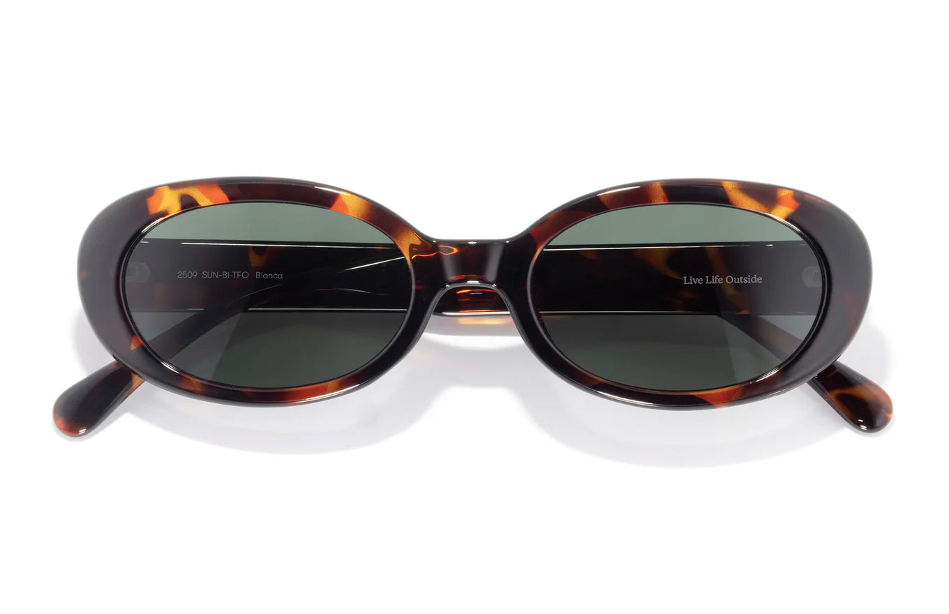 Sunglasses with tortoiseshell frame and dark lenses on a white background