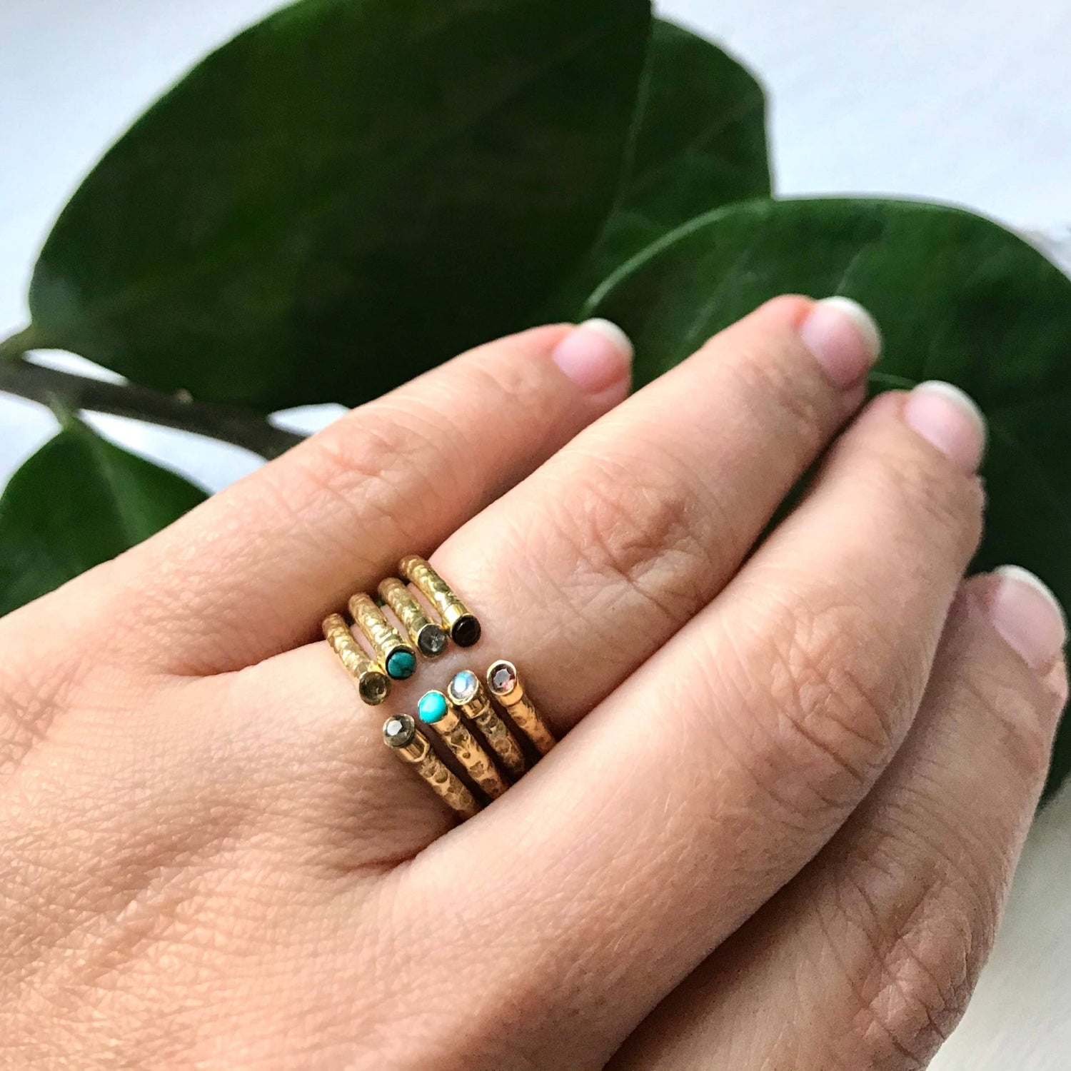 Textured Brass Ring with Double Faceted Stones - MST GoodsBaizaar