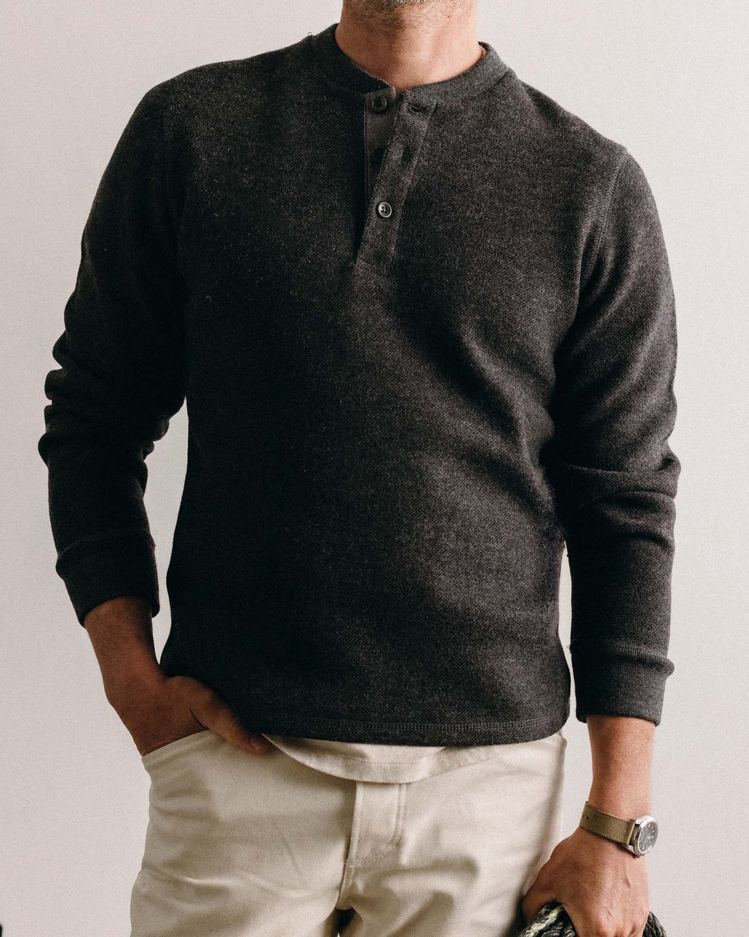The Evans Henley in Charcoal Birdseye Wool - MST GoodsHenleyTaylor Stitch