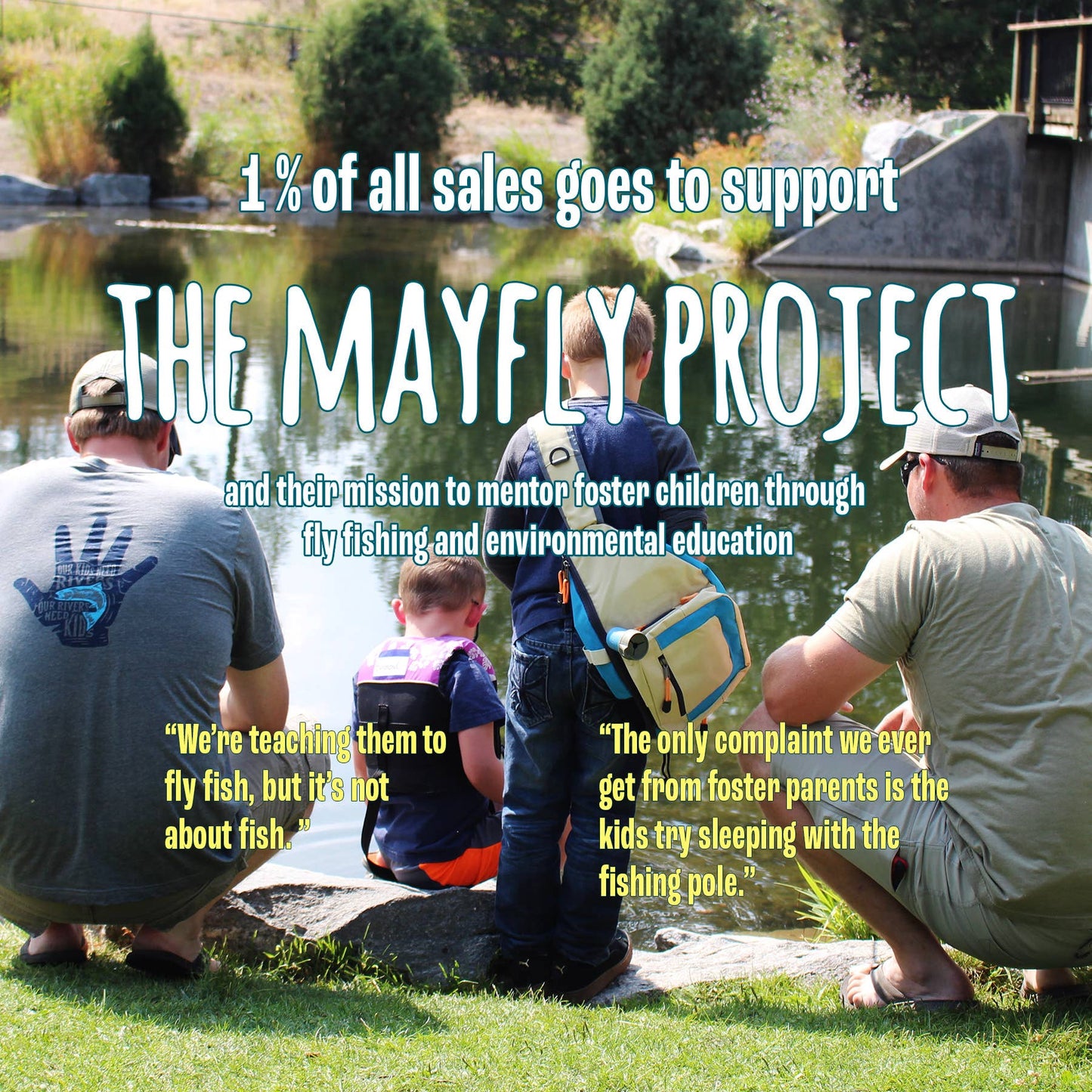 flyer for the mayfly project people sitting by lake 