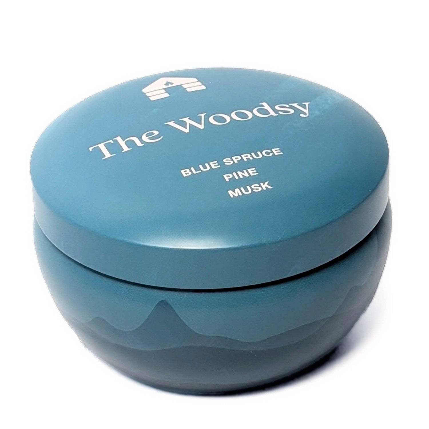 Blue container labeled 'The Woodsy' with mountain design on a white background
