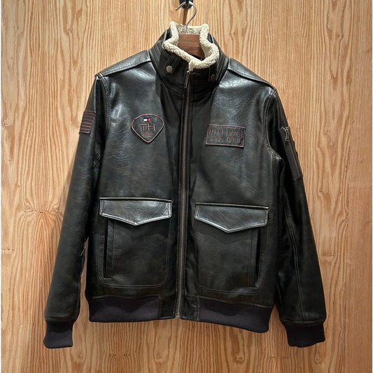 Tommy Hilfiger Top Gun Style Faux Leather Jacket with Faux Fur Collar Mens L - MST GoodsTommy Hilfiger