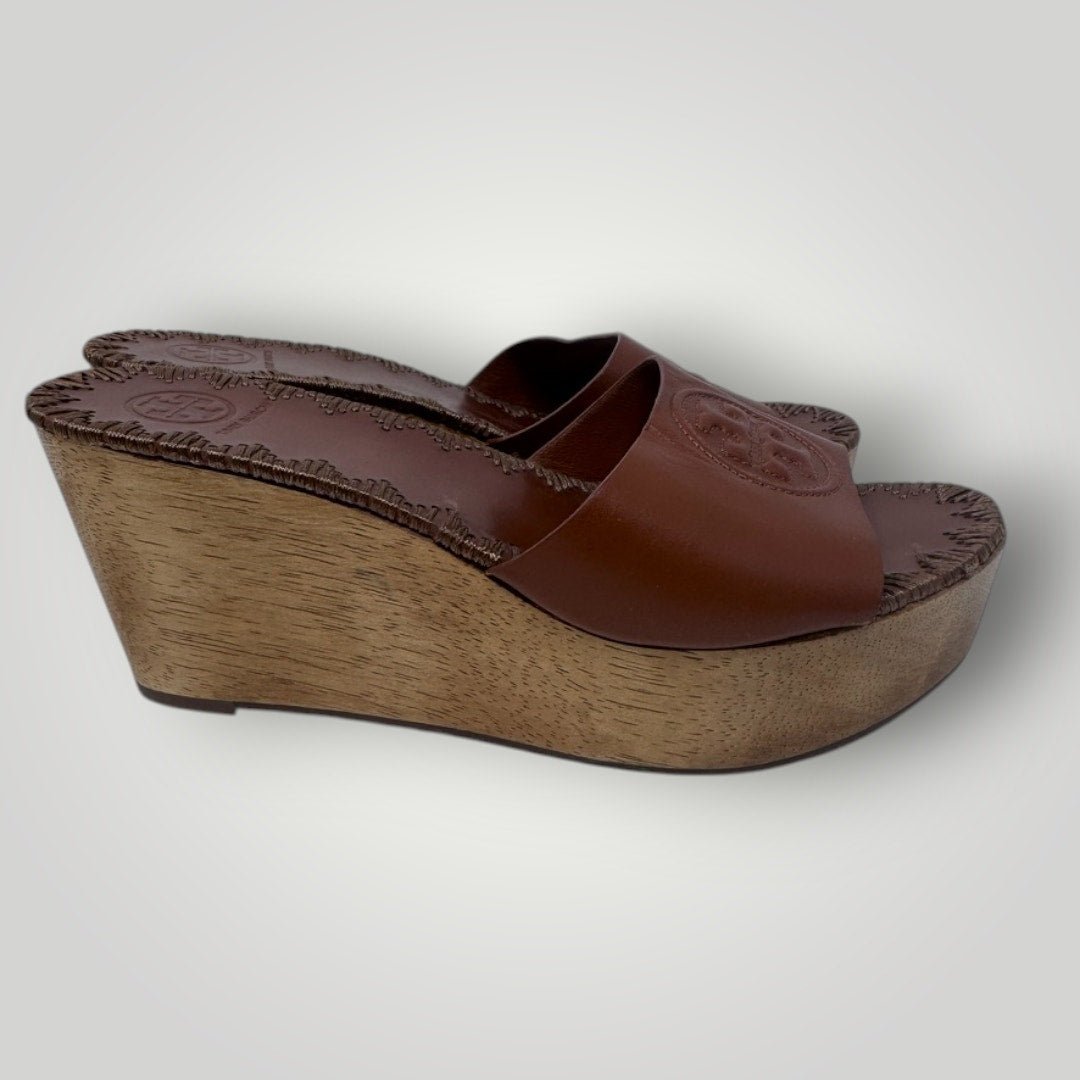 Tory Burch Patty Brown Leather Platform Wedge Sandals Size 7 Wood Brown - MST GoodsTory Burch