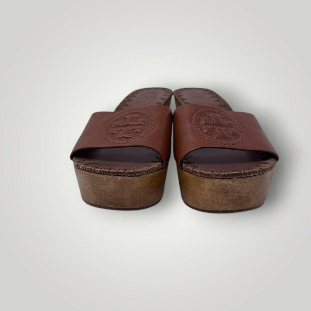 Tory Burch Patty Brown Leather Platform Wedge Sandals Size 7 Wood Brown - MST GoodsTory Burch