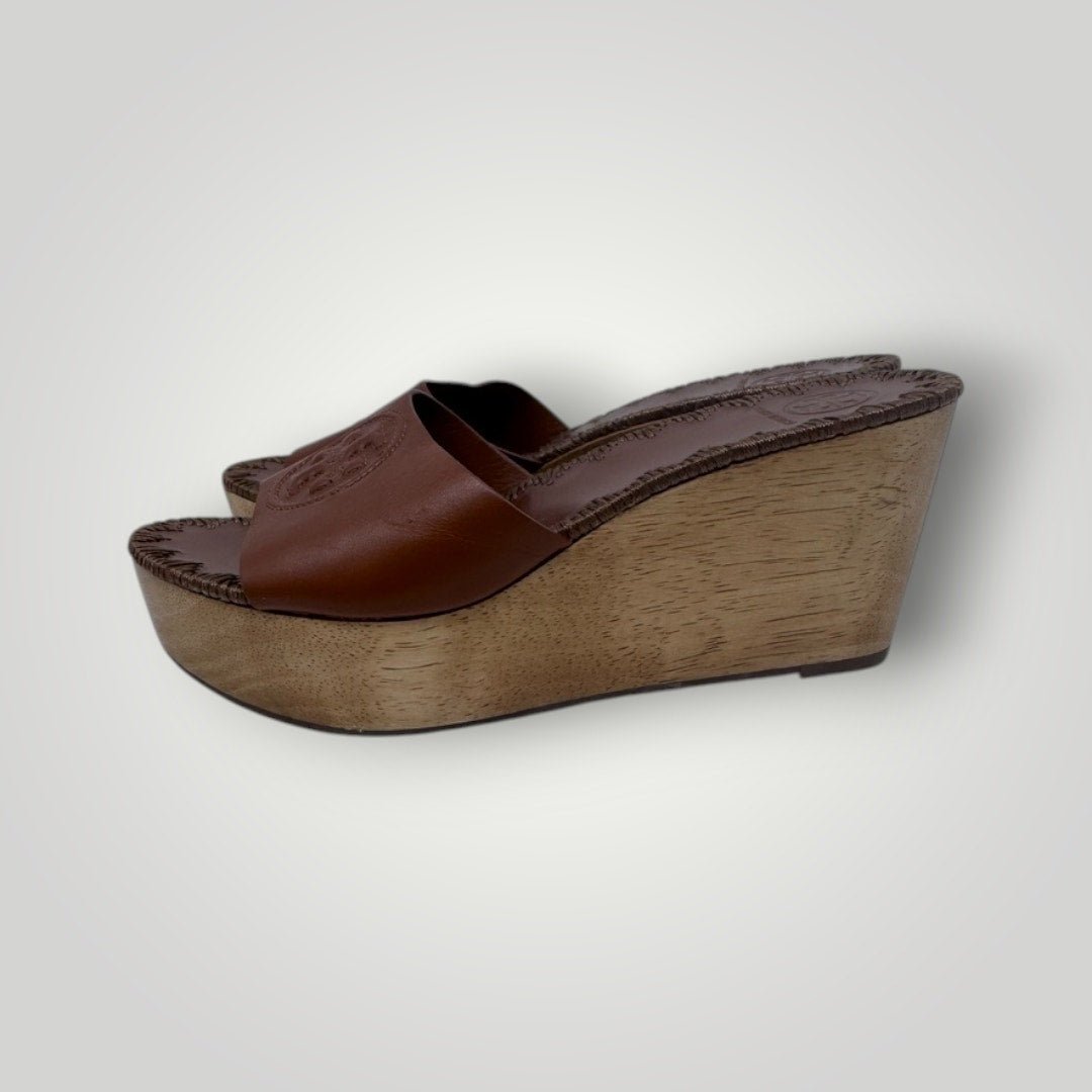 Tory Burch Patty Brown Leather Platform Wedge Sandals Size 7 Wood Brown - MST GoodsTory Burch