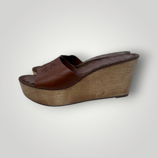 Tory Burch Patty Brown Leather Platform Wedge Sandals Size 7 Wood Brown - MST GoodsTory Burch