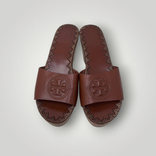 Tory Burch Patty Brown Leather Platform Wedge Sandals Size 7 Wood Brown - MST GoodsTory Burch