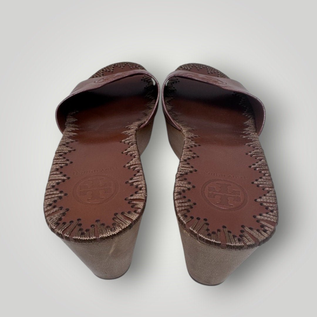 Tory Burch Patty Brown Leather Platform Wedge Sandals Size 7 Wood Brown - MST GoodsTory Burch