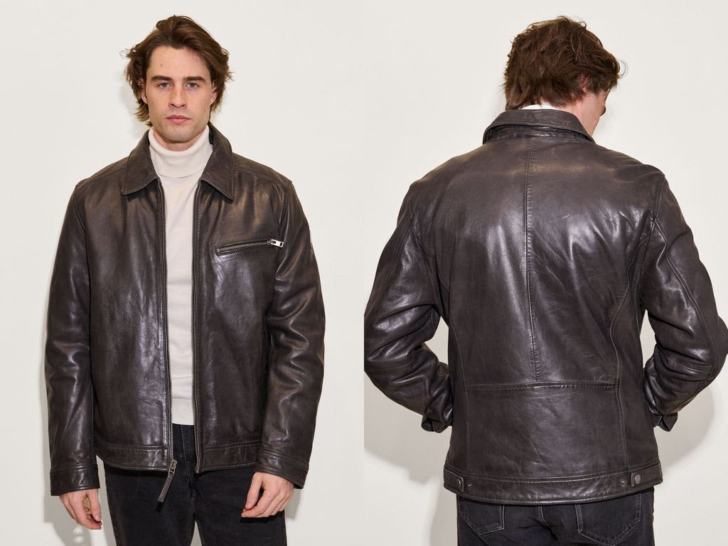 Man wearing a dark leather jacket, shown from front and back, on a white background.