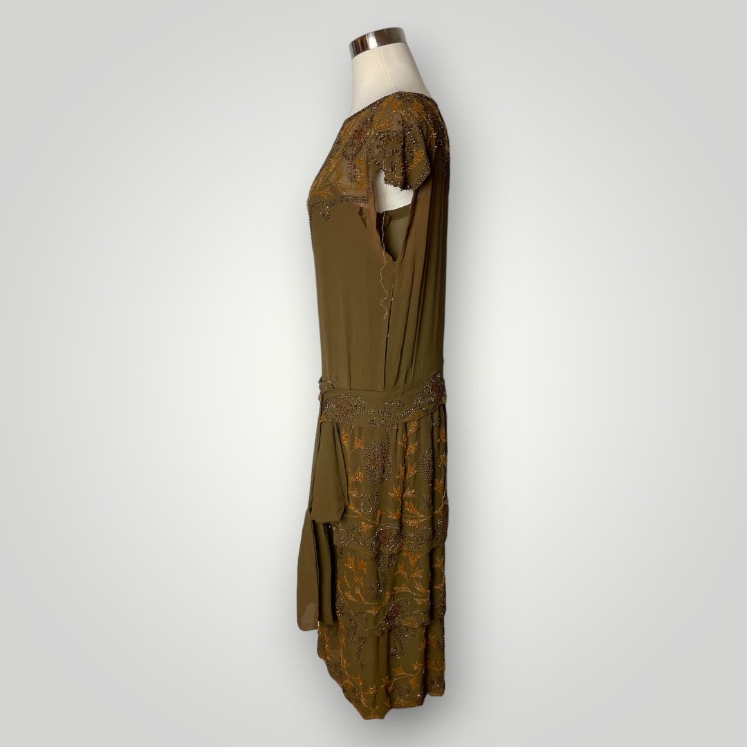 Vintage 1920s Beaded Handmade Flapper Dress Brown Floral Earth Tones M F - MST GoodsHandmade