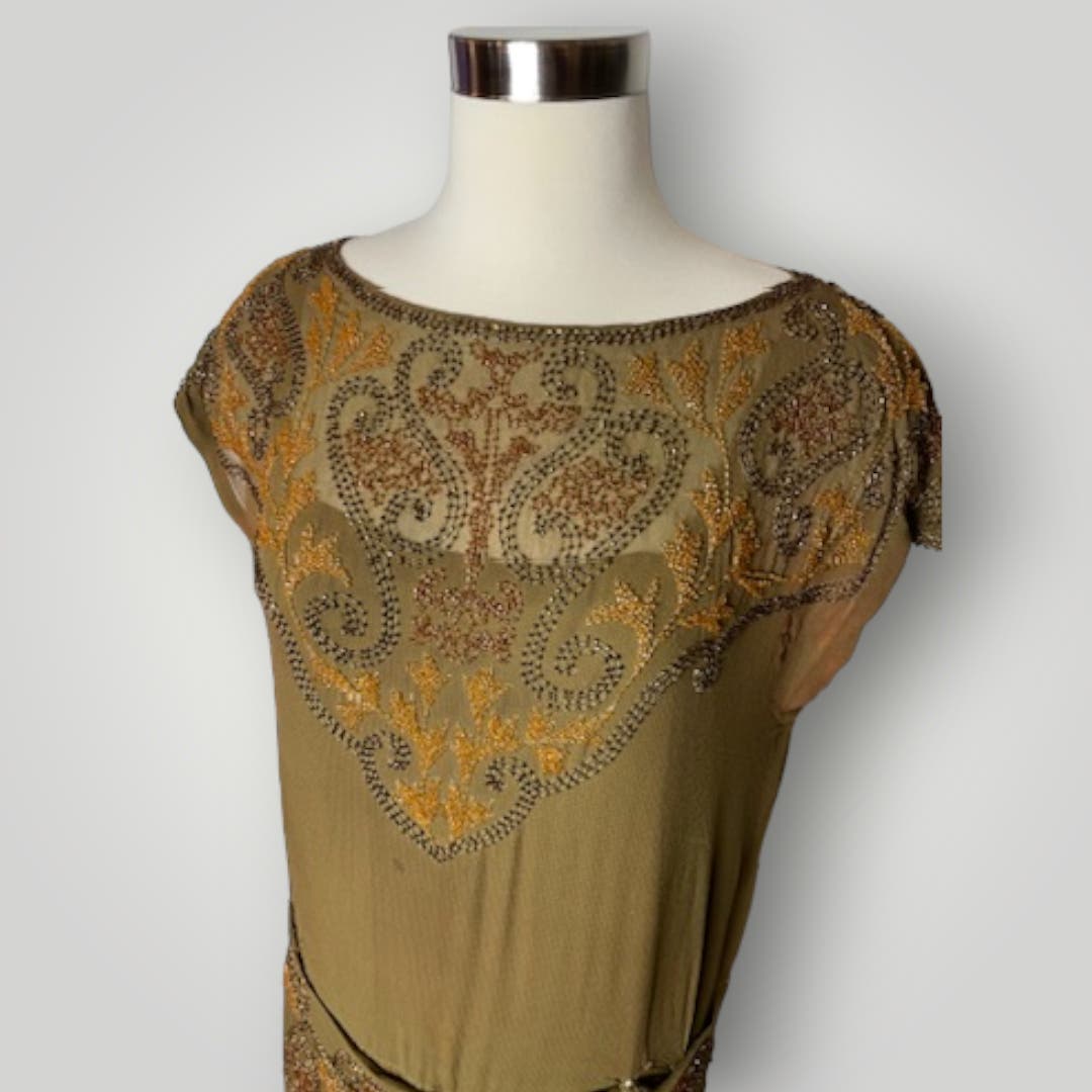 Vintage 1920s Beaded Handmade Flapper Dress Brown Floral Earth Tones M F - MST GoodsHandmade