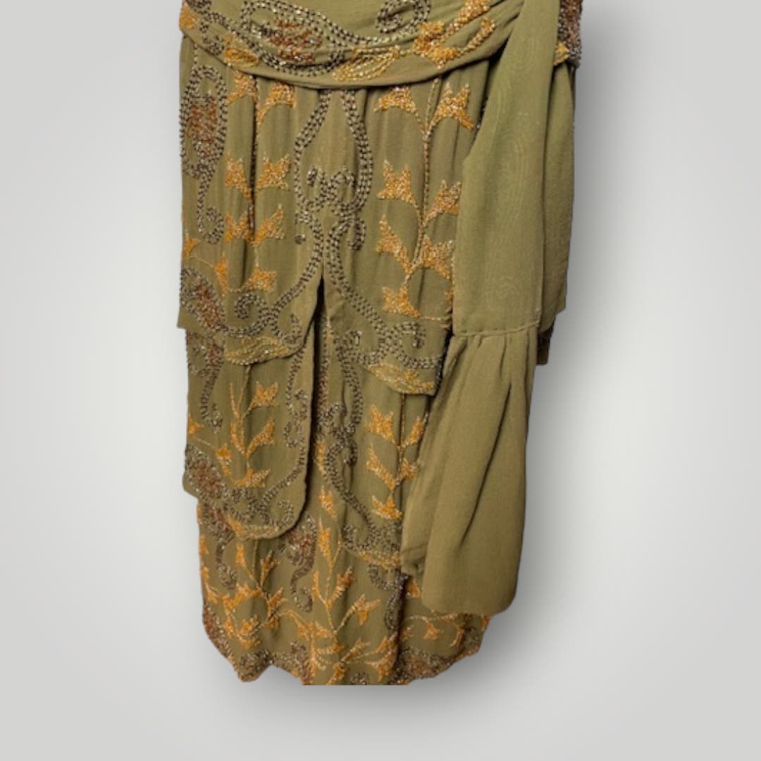 Vintage 1920s Beaded Handmade Flapper Dress Brown Floral Earth Tones M F - MST GoodsHandmade