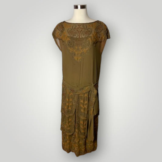 Vintage 1920s Beaded Handmade Flapper Dress Brown Floral Earth Tones M F - MST GoodsHandmade