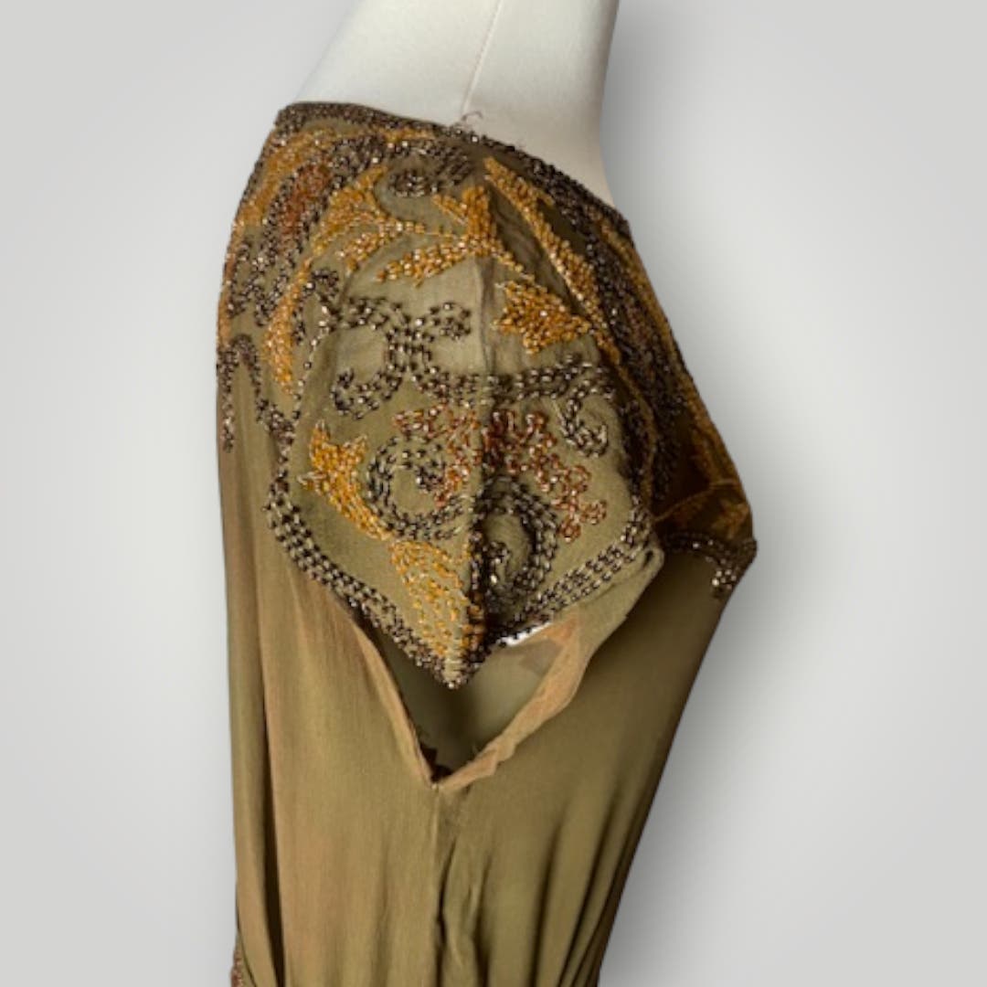 Vintage 1920s Beaded Handmade Flapper Dress Brown Floral Earth Tones M F - MST GoodsHandmade