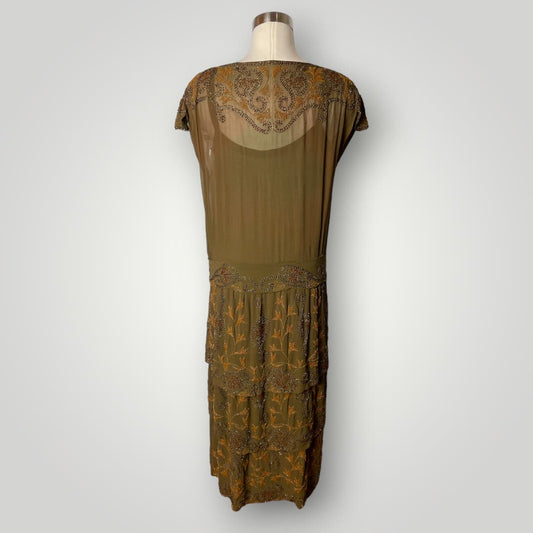 Vintage 1920s Beaded Handmade Flapper Dress Brown Floral Earth Tones M F - MST GoodsHandmade