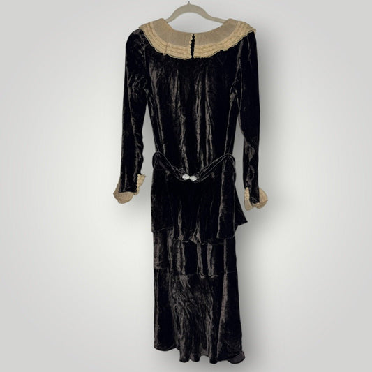 Vintage 1930s Dress Brown Velvet Belted Rhinestone Clasp Lace Collar S/M - MST GoodsHandmade