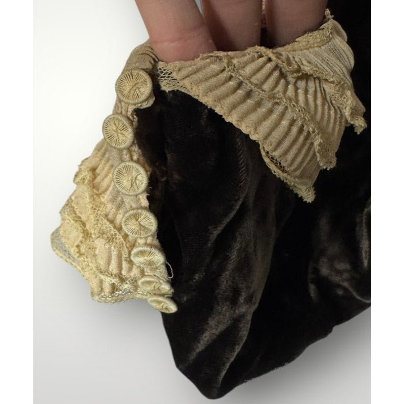 Vintage 1930s Dress Brown Velvet Belted Rhinestone Clasp Lace Collar S/M - MST GoodsHandmade