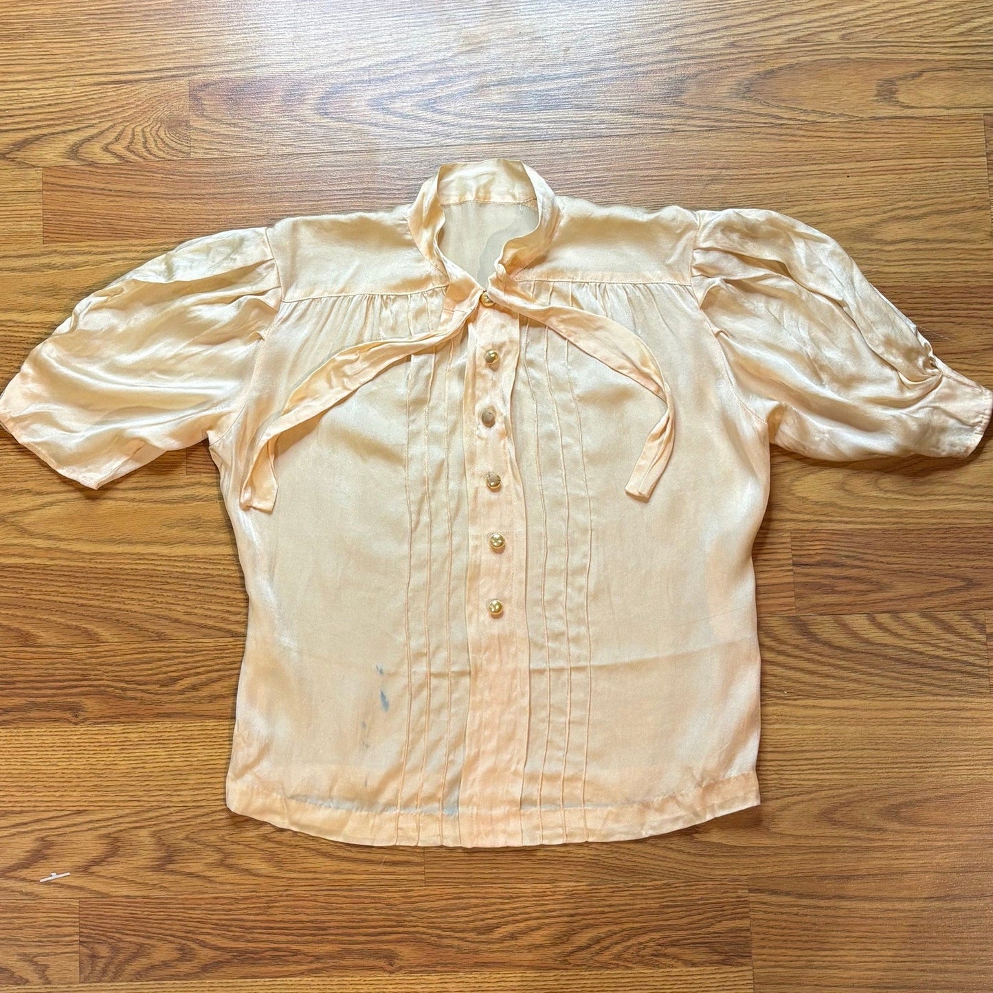 Vintage 1930s Silk Satin Blouse XS S Puff Sleeve Bow Neck Pearl Buttons Coquette - MST GoodsHandmade