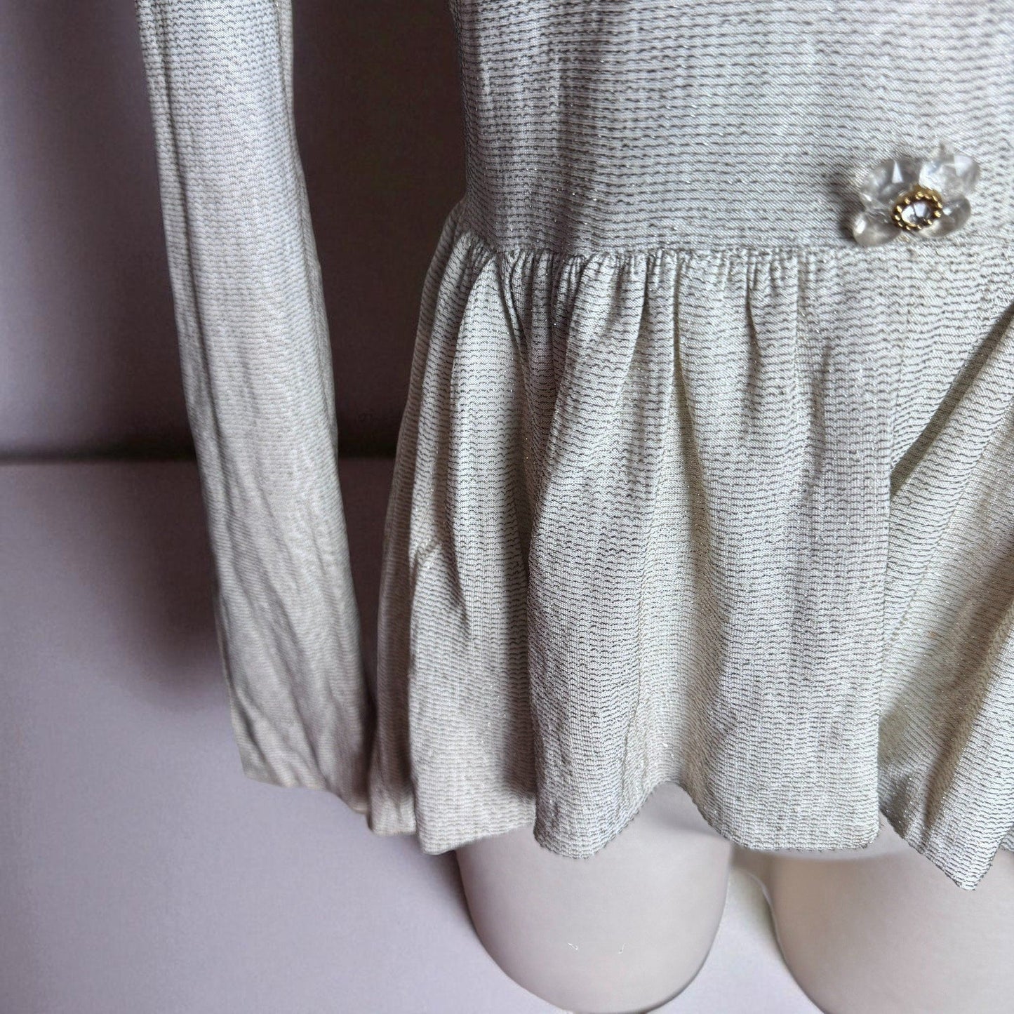 Vintage 1940s Lurex Metallic Button Top Blouse Peplum Hem White Gold Threads - MST GoodsMay Modes