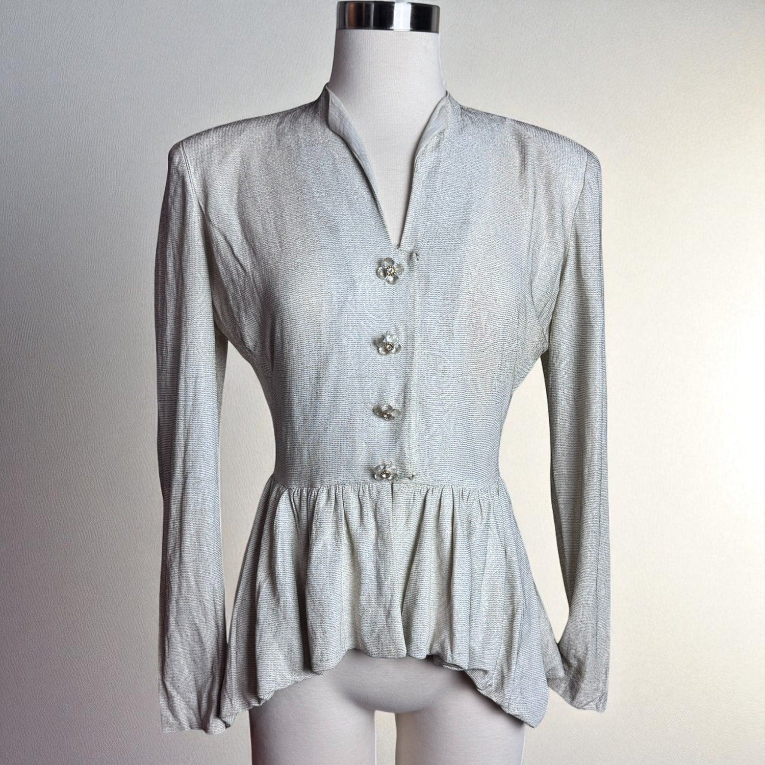 Vintage 1940s Lurex Metallic Button Top Blouse Peplum Hem White Gold Threads - MST GoodsMay Modes