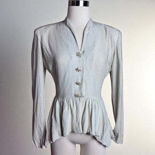 Vintage 1940s Lurex Metallic Button Top Blouse Peplum Hem White Gold Threads - MST GoodsMay Modes