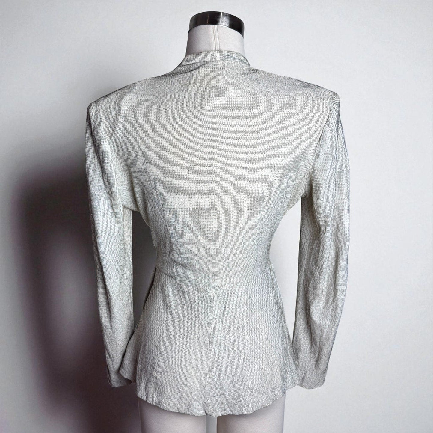 Vintage 1940s Lurex Metallic Button Top Blouse Peplum Hem White Gold Threads - MST GoodsMay Modes