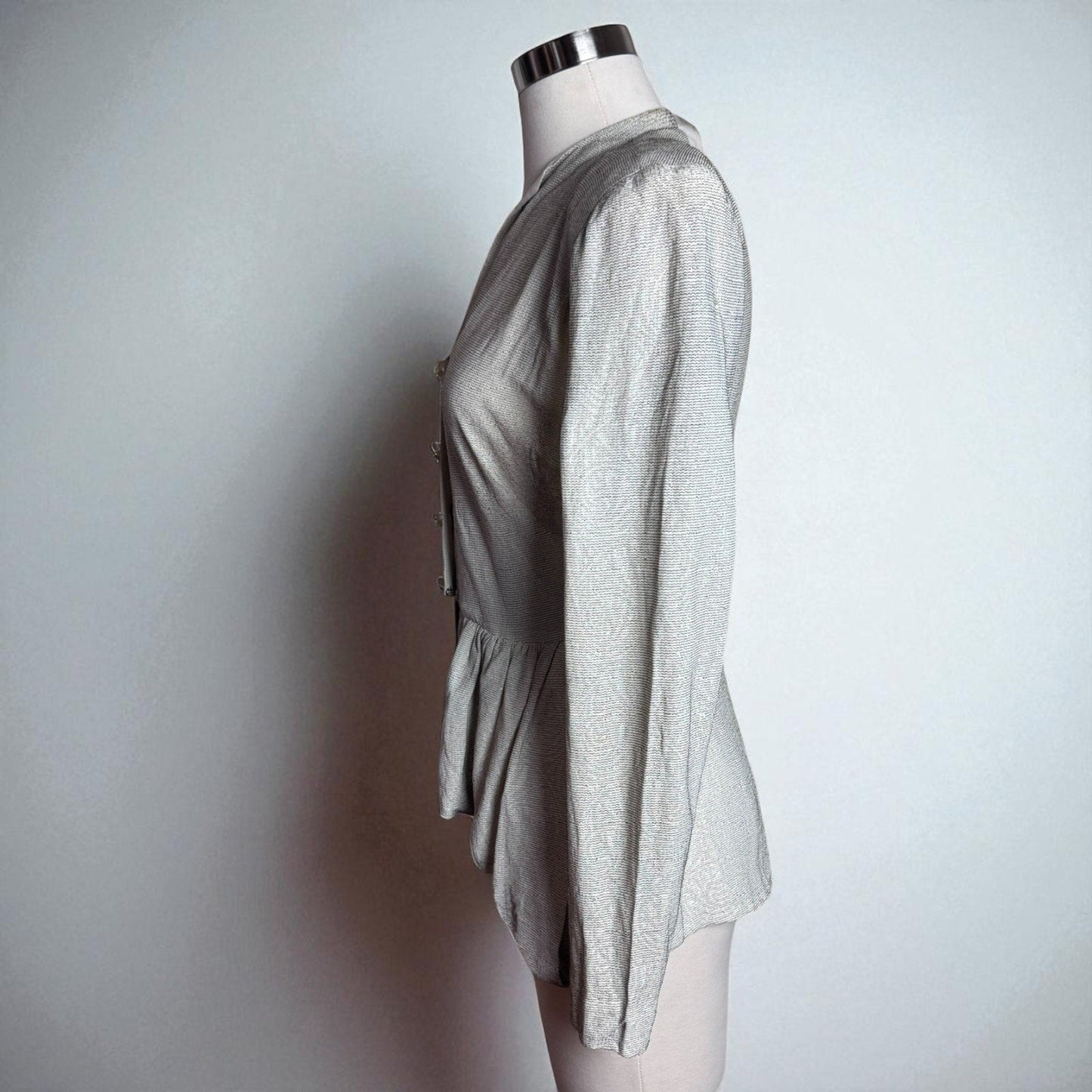 Vintage 1940s Lurex Metallic Button Top Blouse Peplum Hem White Gold Threads - MST GoodsMay Modes