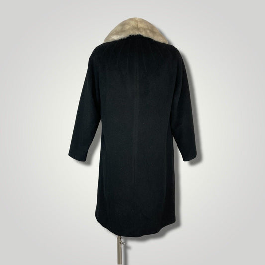 Vintage 1950s Black Cashmere Wool Coat Silver Gray Mink Fur Collar Rare Small/Med H - MST GoodsVintage