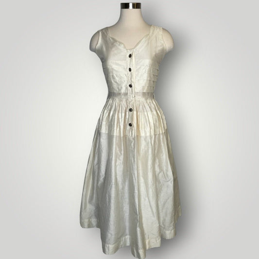 Vintage 1950s Dress Button Front Ivory Shirt Dress Tailored Juniors Sheer Midi S F - MST GoodsTailored Juniors