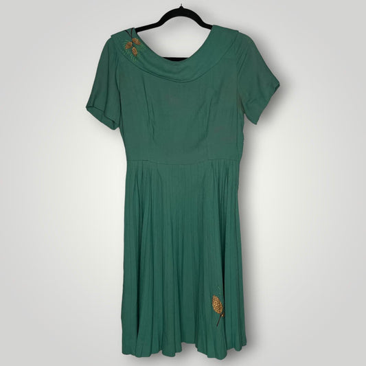 Vintage 1950s Dress Pinecone Embroidery Handmade Small Green Short Sleeve G - MST GoodsHandmade