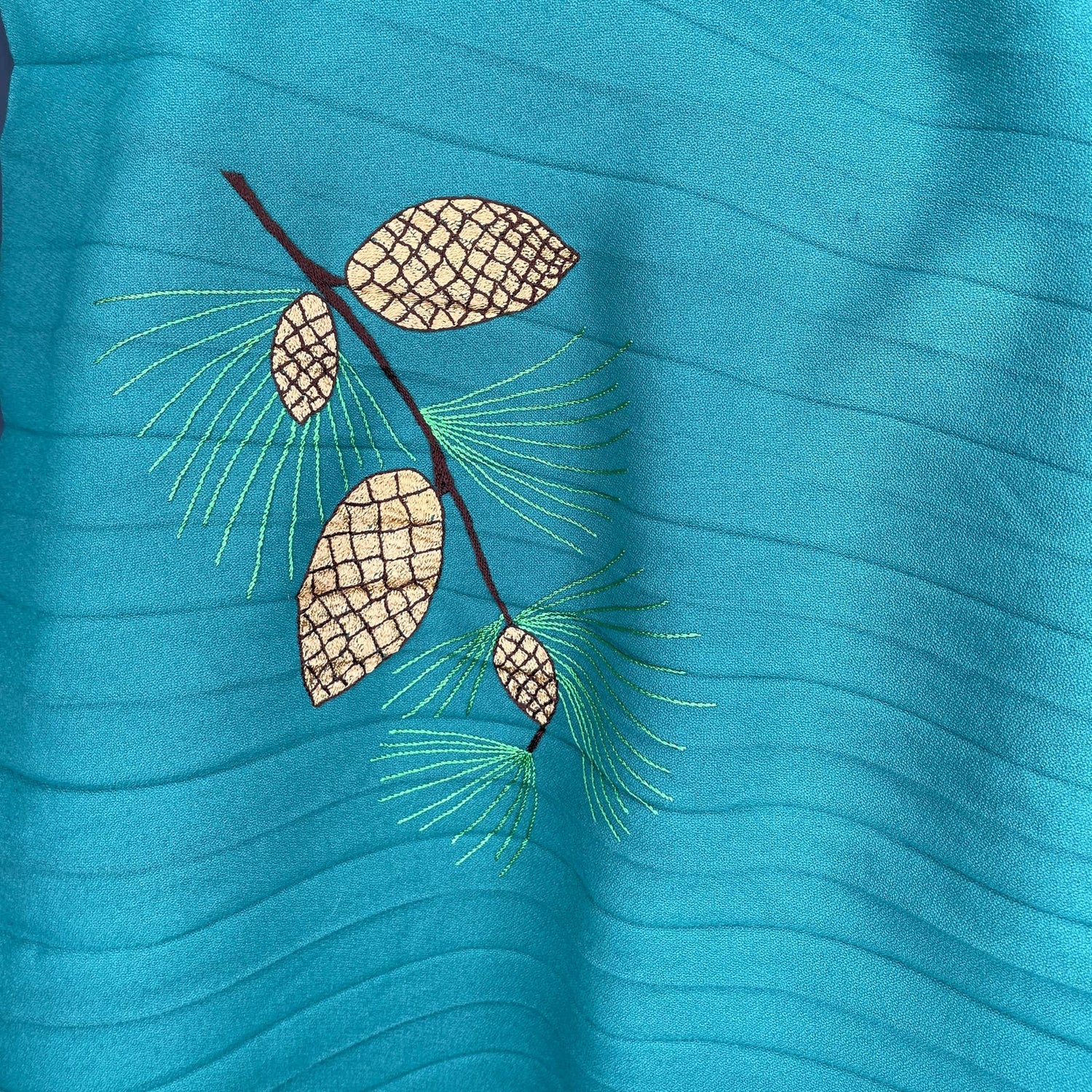 Vintage 1950s Dress Pinecone Embroidery Handmade Small Green Short Sleeve G - MST GoodsHandmade