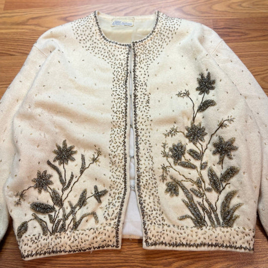 Vintage 1950s LeRoy Knitwear Beaded Floral Wool Cardigan Sweater Women’s M - MST GoodsLeRoy