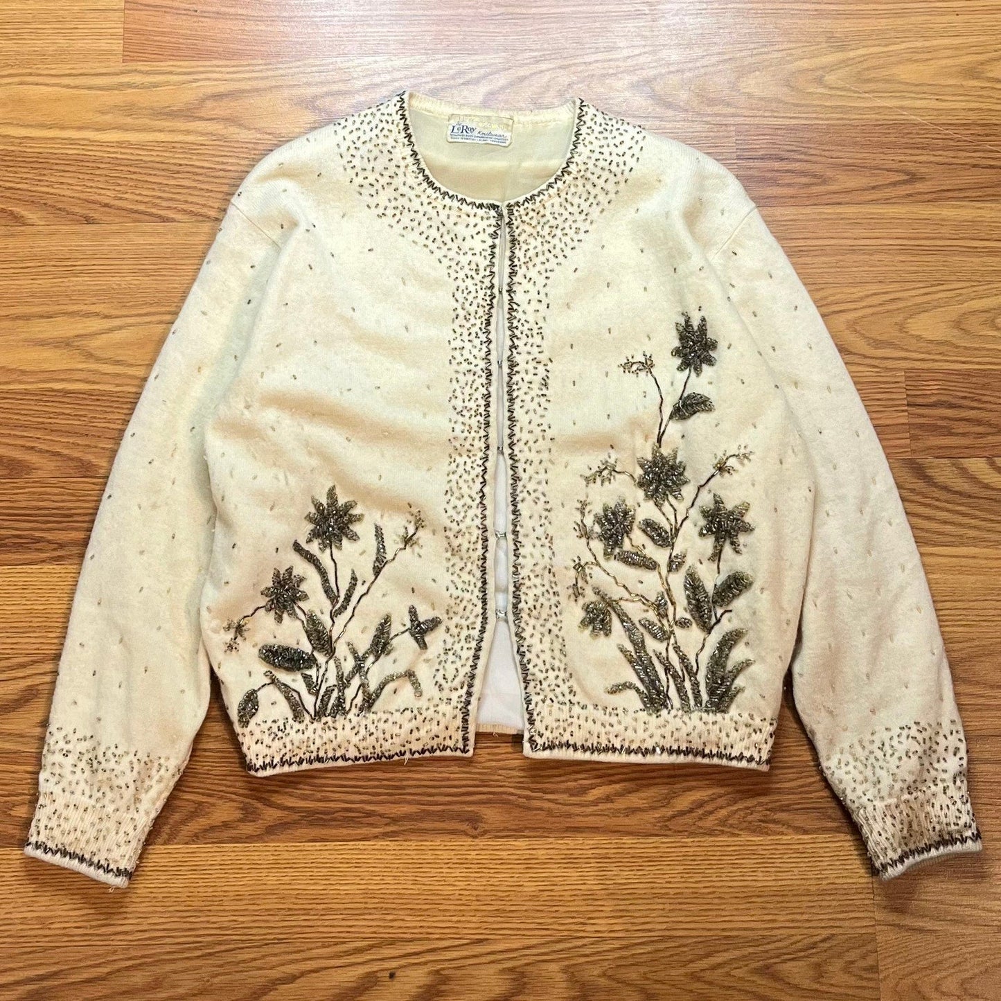 Vintage 1950s LeRoy Knitwear Beaded Floral Wool Cardigan Sweater Women’s M - MST GoodsLeRoy