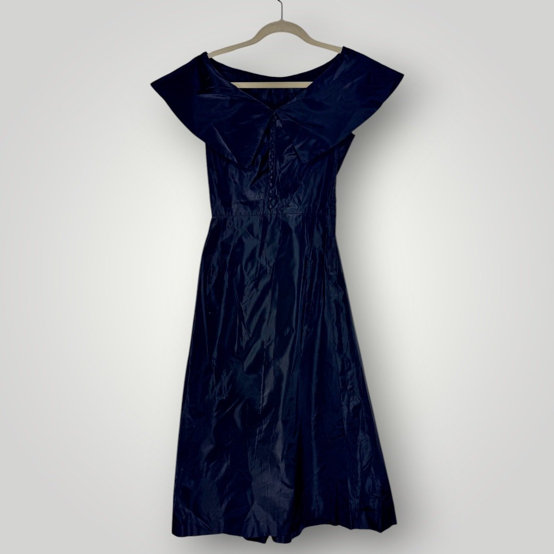 Vintage 1950s Off the Shoulder Taffeta Cocktail Dress Handmade Buttons XS Black - MST GoodsHandmade