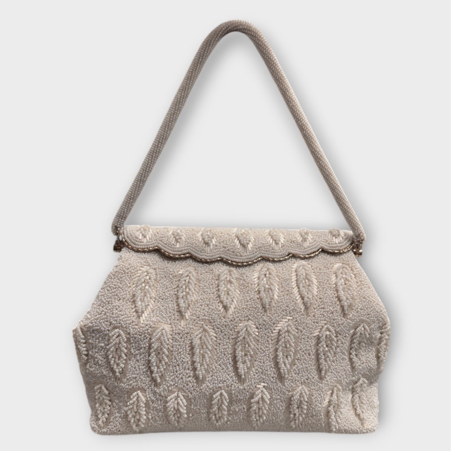Vintage 1950s Rocaille White Ivory Seed Bead Leaf Design Evening Wedding Purse - MST GoodsVintage